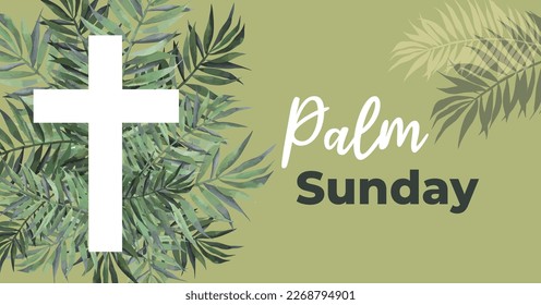 illustration of Christian Palm Sunday with palm branches and leaves and cross illustration