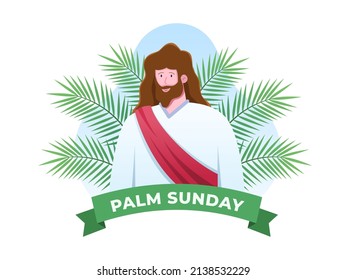 Illustration Christian religion holiday Palm Sunday before Easter Celebration with Jesus enter to Jerusalem and people welcome with palm leaves. Can be use for greeting card, postcard, banner, poster