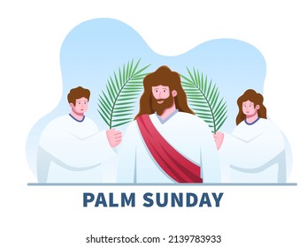 Illustration Christian religion holiday Palm Sunday before Easter Celebration with Jesus enter to Jerusalem and people welcome with palm leaves. Can be use for greeting card, postcard, banner, poster