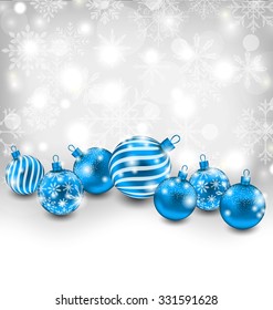 Illustration Christmas Abstract Shimmering Background with Blue Balls, Lighten Wallpaper - Vector