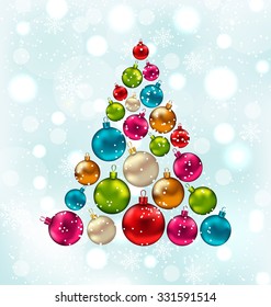 Illustration Christmas Abstract Tree Made in Colorful Balls, Snowing Background - Vector