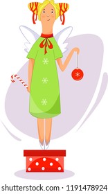 
Illustration of a Christmas angel with a Christmas ball and gifts