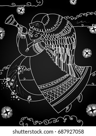 Illustration with a christmas angel in the style of a chalkboard. White contour on a black background.