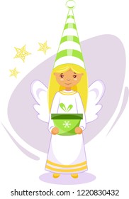 Illustration of a Christmas angel in white clothes and a green cap with a gift