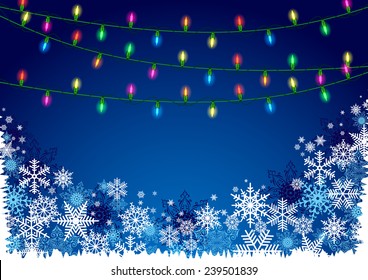 Illustration of Christmas background with blue and white snowflakes in various styles and colorful lights 