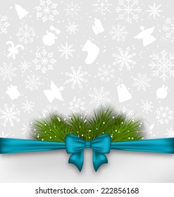Illustration Christmas background with bow ribbon and fir twigs - vector
