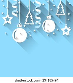 Illustration Christmas background with fir, balls, stars, streamer, trendy flat style - vector