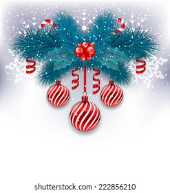 Illustration Christmas background with fir branches, glass balls and sweet canes - vector 