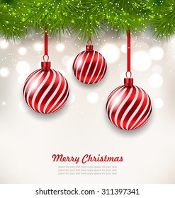 Illustration Christmas Background with Glass Hanging Balls and Fir Twigs - Vector