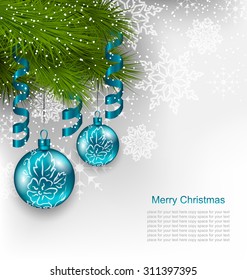 Illustration Christmas Background with Hanging Glass Balls and Adornment - Vector
