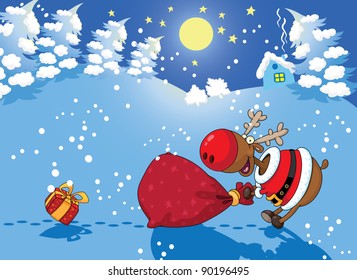 illustration of a Christmas background night and deer