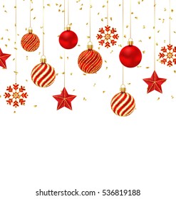 Illustration Christmas Background with Ornamental Balls, Stars and Snowflakes - Vector