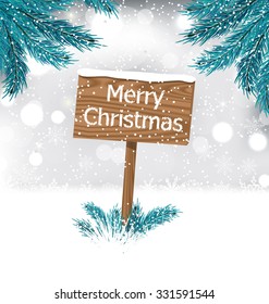 Illustration Christmas Background with Snow Covered Wooden Billboard with Fir Twigs - Vector