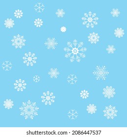 Illustration Christmas background with snowflakes of different sizes and shapes. Illustration in a minimalist style, abstract background.