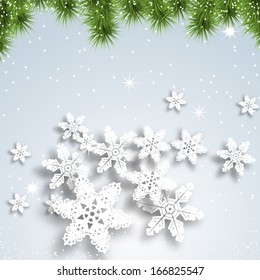 Ilustración de fondo navideño con copos de nieve. Vector.