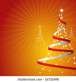 Illustration of a christmas background with trees made of stars on red (Vector)