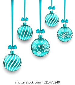 Illustration Christmas Background with Turquoise Glassy Balls Isolated on White Background - Vector