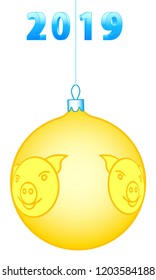 Illustration of the Christmas ball with pig faces and 2019 number
