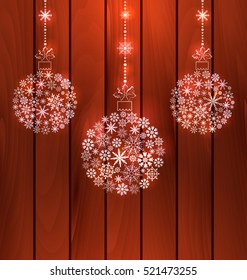 Illustration Christmas Balls Made of Snowflakes, Wooden Background - Vector