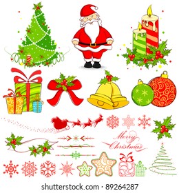 illustration of christmas ball,tree,bell,santa cap and gift