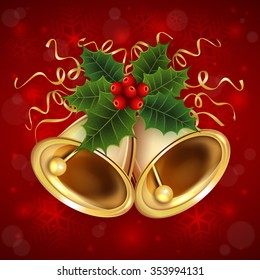 Illustration of Christmas bells with holly and paper steamers on red background
