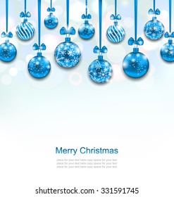 Illustration Christmas Blue Glassy Balls with Bow Ribbon, Shimmering Light Background - Vector