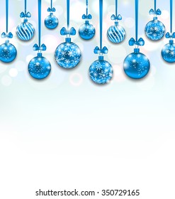 Illustration Christmas Blue Glassy Balls with Bow Ribbon, Shimmering Light Background - Vector