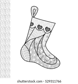 Illustration of Christmas boot. Anti-stress page for adult. Christmas card, poster, invitation card on New Year's party, hand drawn, doodle