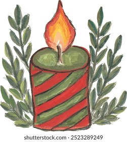 Illustration of a Christmas Candle Decorated with Olive Branches