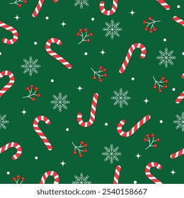 illustration of christmas candy with berry and snowflake in seamless pattern design background. suitable for wallpaper,poster,greeting card and other. christmas background on green design