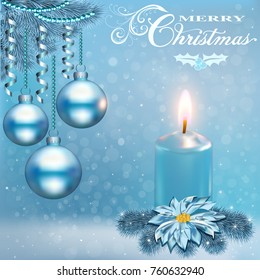 Illustration of a Christmas card with a candle balls and a flower