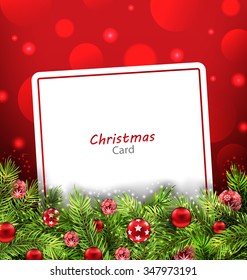 Illustration Christmas Card with Fir Twigs and Glass Balls, Holiday Background - Vector