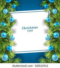 Illustration Christmas Card with Fir Twigs and Glass Balls, Holiday Blue Background - Vector