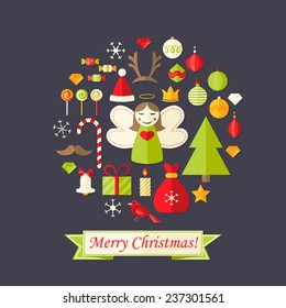 Illustration of Christmas Card with Flat Icons Set and Angel Dark Blue