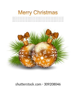 Illustration Christmas Card with Glass Balls and Fir Twigs on White Background - Vector