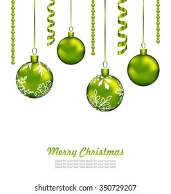 Illustration Christmas Card with Green Balls and Streamer, Isolated on White Background - Vector