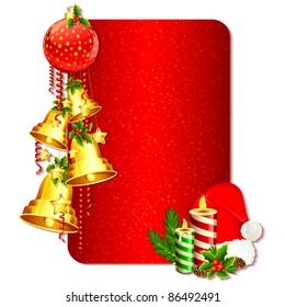 illustration of christmas card with hanging bell and santa cap