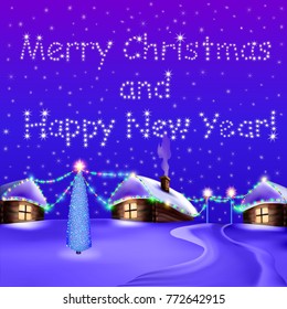 Illustration of a Christmas card with houses overnight and a Christmas tree with garlands.