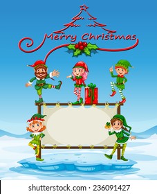 Illustration of a christmas card with many elves