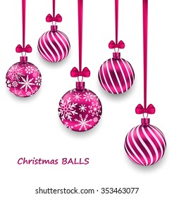 Illustration Christmas Card with Pink Glassy Balls with Bow Ribbon, Isolated on White Background - Vector