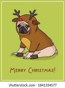 Illustration christmas card pug in a deer costume