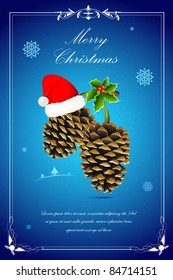 illustration of christmas card with Santa cap on dry pine fruit