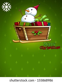 Illustration of a christmas card with a snowman above the sleigh