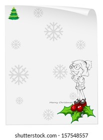 Illustration of a christmas card template with a smiling girl above the poinsettia plant on a white background