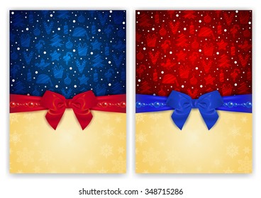 Illustration of Christmas card templates with Christmas symbols, snowflakes, bows and beads
