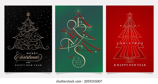 illustration of Christmas card with Christmas tree vector design set. Merry Xmas and Happy new year greeting card, banner, flyer, poster, letterpress foil  or metallic ink.