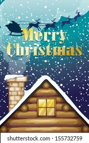 Illustration of a christmas card with a wooden rooftop and a sleigh with reindeers