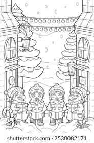 Illustration of Christmas Carolers singing in a snowy christmas night. Great for coloring page and children activity