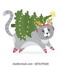 Illustration of a Christmas cat carries a decorated spruce. Cute character on a festive theme. Isolated objects on a white background.