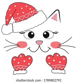 Illustration of a christmas cat with a hat and mittens